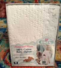 NOS Owen Cotton Baby Blanket Afghan Throw Woven Honeycomb Fringe White USA Made