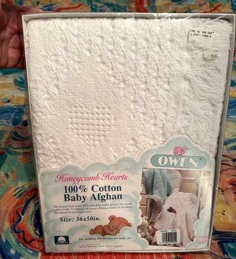 NOS Owen Honeycomb Hearts Baby Blanket Afghan Throw Woven Cotton Fringe USA Made