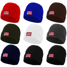 USA American Flag Embroidered Beanie Hats Unisex Winter Cold Knit Cuff Skull Cap