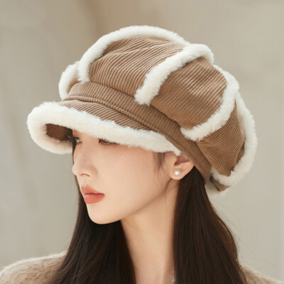 Winter Warm Thick Plush Corduroy Octagonal Hat Beret Painter  display picture 3
