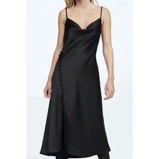 ZARA Black Satin Slip Dress with Leg Slit Button Details Size Small