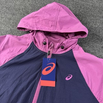 Asics Womens Anorak Jacket M Hooded Half Zip Pockets Windbreaker Blue Pink NWT