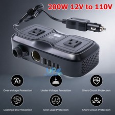 200W Car Power Inverter - 12V to 110V Adapter with 2 AC Outlets 4 USB Ports