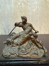 P.Müller Signed Figurative Group – Shepherd Aiding Elder Bronze on Marble c.1900