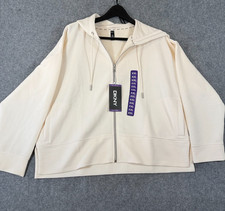 DKNY Ottoman Full-Zip Hoodie Womens 2XL Sand Ivory Ribbed Stretch Lined NWT