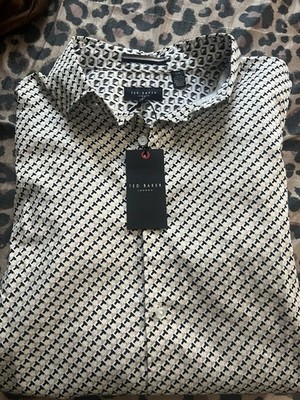 Ted Baker London Men's L White/Black Geometric Cotton Woven Long Sleeve Shirt