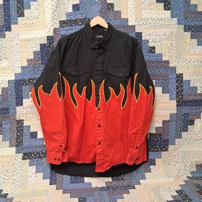 Vintage 90s Roper Western Flame Shirt Mens Large Rodeo Cowboy Hot Rod