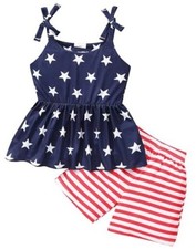 Toddler Girls Clothes Summer Short Set Outfit Tie Knot Shoulder 2T Flag Star
