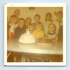 Old Vintage Square Color Photo BOYS GIRLS CHILDREN CHOCOLATE CAKE SNAPSHOT