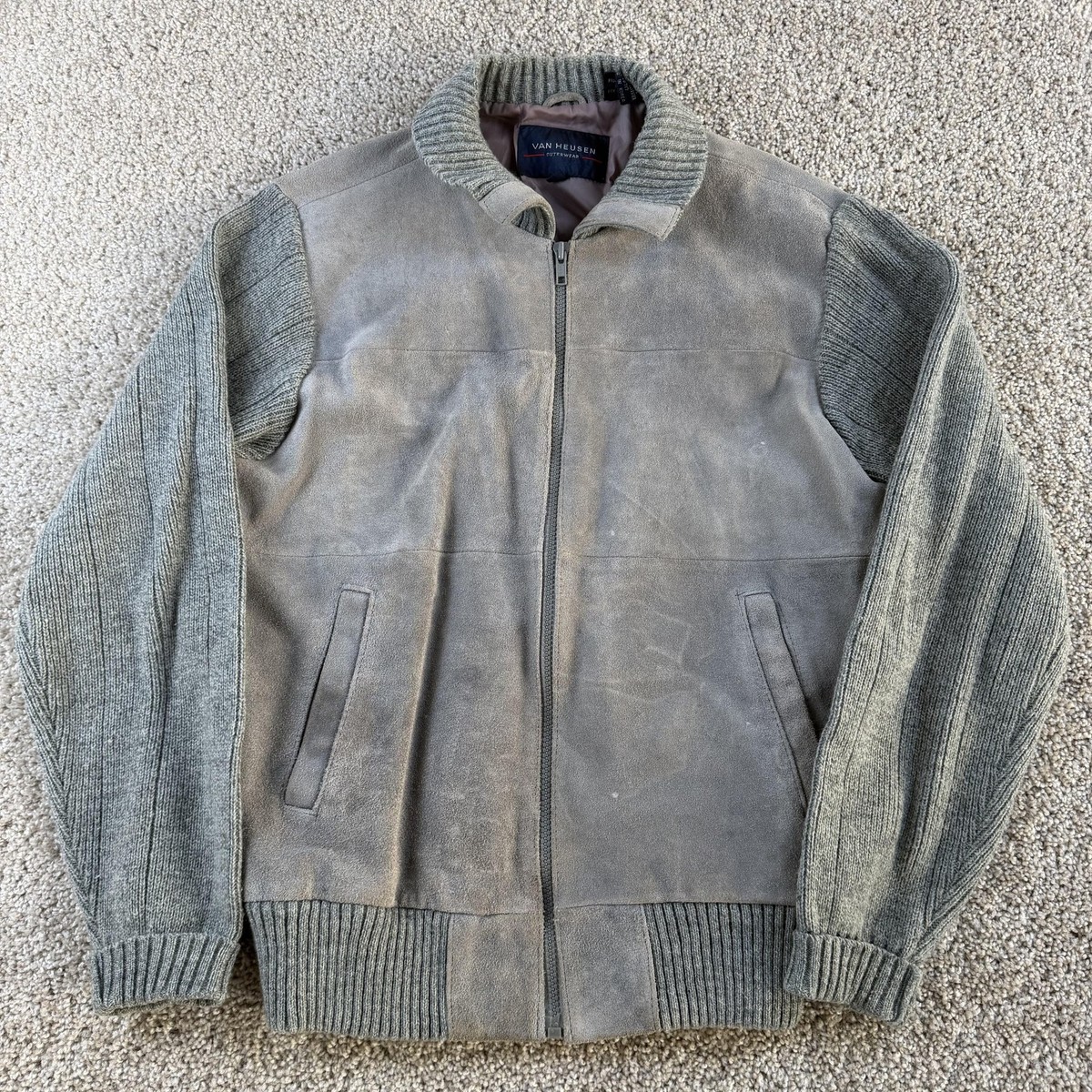 Vintage Van Heusen Jacket Mens Medium Gray Leather Knit Bomber