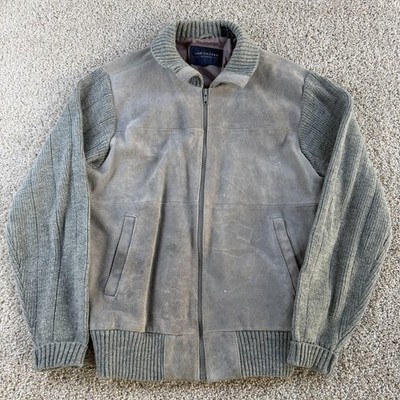 Vintage Van Heusen Jacket Mens Medium Gray Leather Knit Bomber