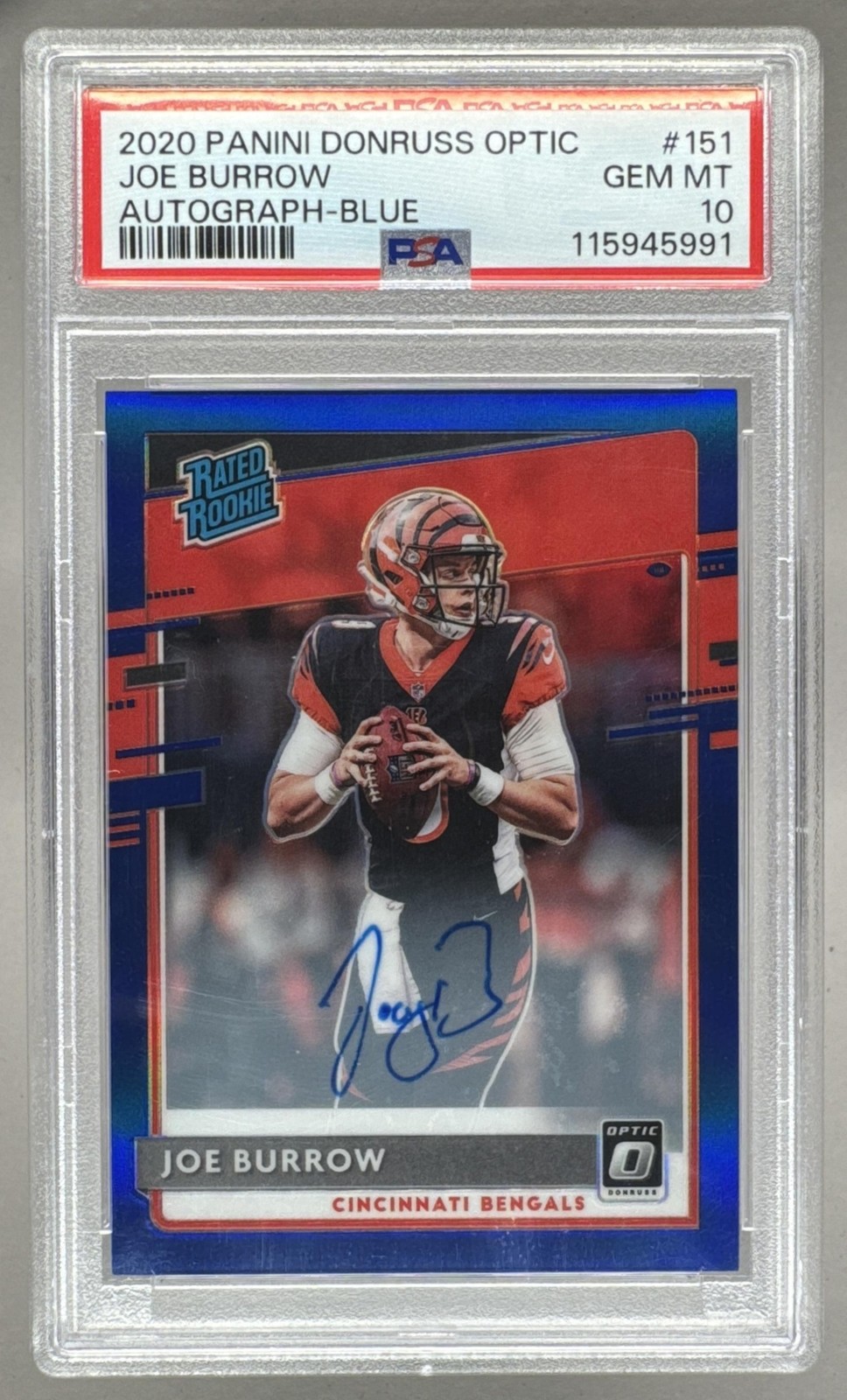 Joe Burrow 2020 Panini Donruss Optic #151 Blue RC Rated Rookie Auto 44/75 PSA 10