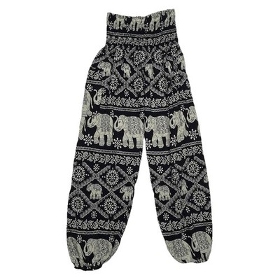 Bangkok Pants One Size Elastic Waist Elephant Print Boho Harem Pants