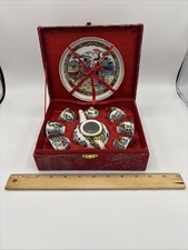 Porcelain Miniature Chinese 9 Piece Tea Set in Red Brocade Box VTG