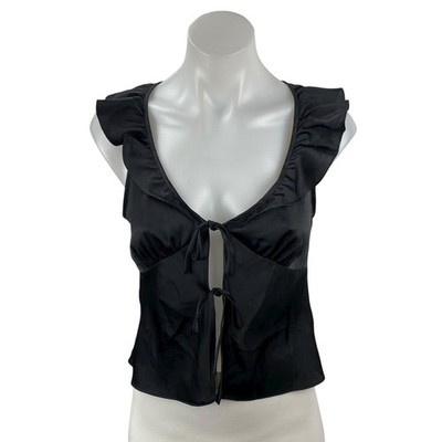 Aritzia Wilfred Tonka Satin Women's Black Ruffle Sleeveless Tie Blouse Top Sz XS