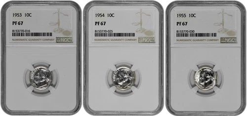 1953 - 1955 10C Proof Silver Roosevelt Dime NGC Graded PR 67 Three Coin Lot