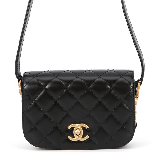 CHANEL Matelasse Full Flap Shoulder Bag Shiny Calf Leather / Suede Black AS3402