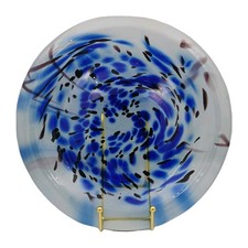 Large Fused Glass Blue Swirl Plate Platter Decorative Art