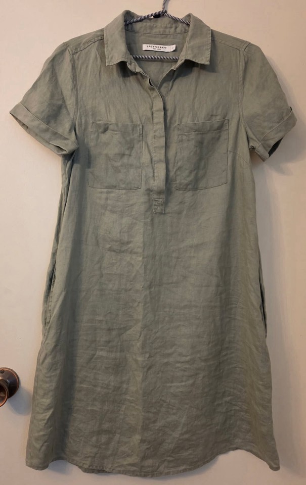 Sportscraft 8 Pure Linen Khaki Shirt Dress With Pockets Lightweight Casual 