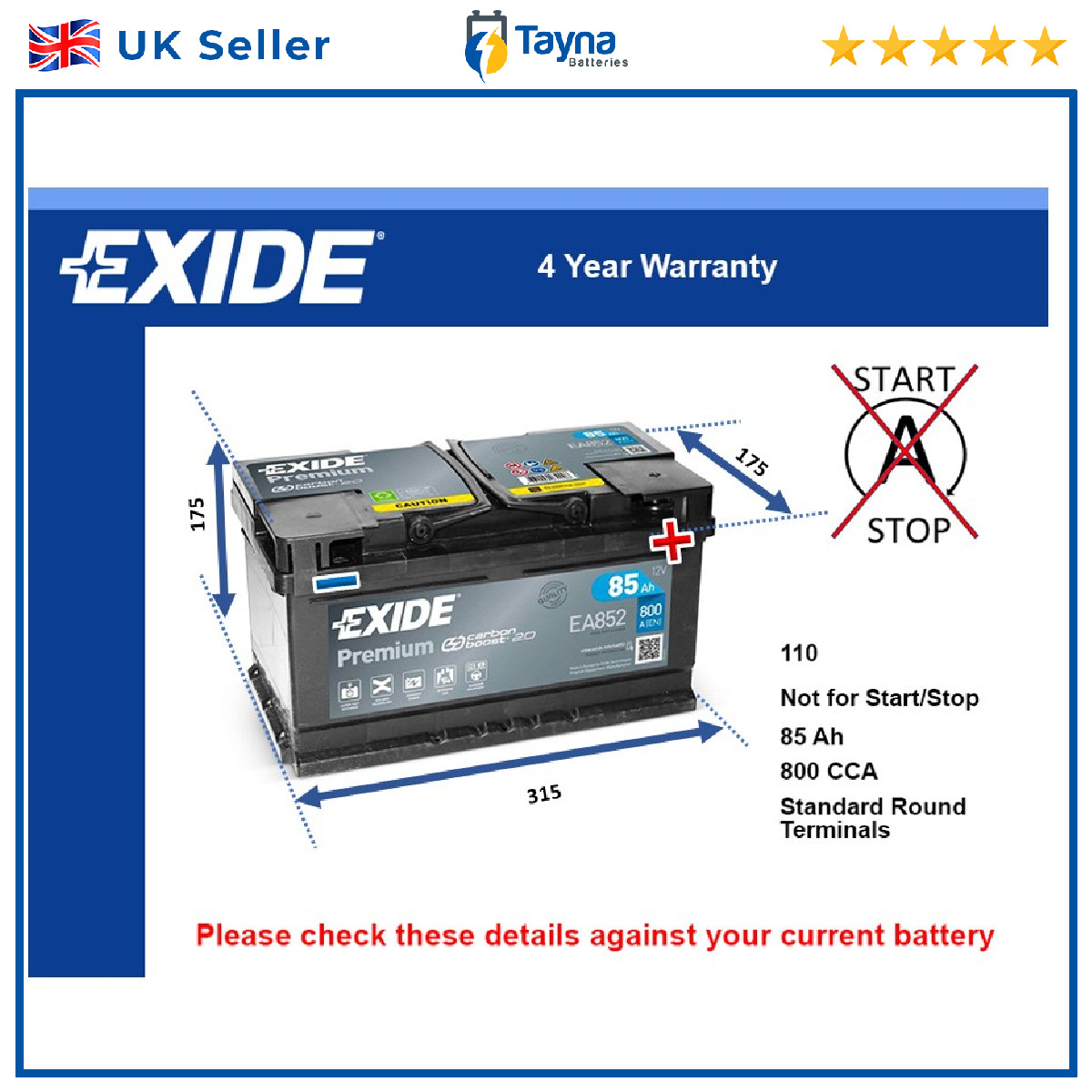 Car Battery EA852 Exide 110 800A 85Ah 4Yr Warranty 315x175x175 Premium