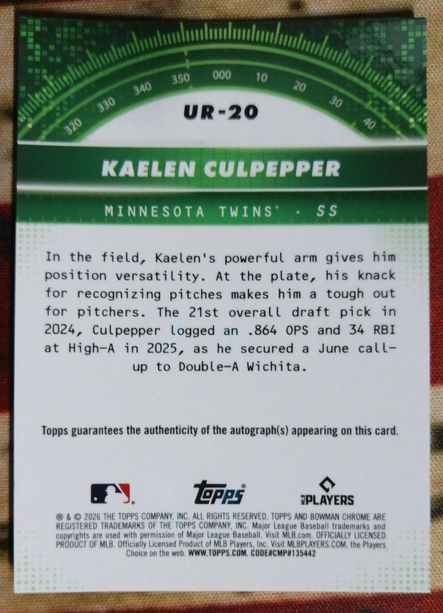 2026 BOWMAN KAELEN CULPEPPER #UR-20 ORANGE UNDER THE RADAR AUTO /25 - Image 2