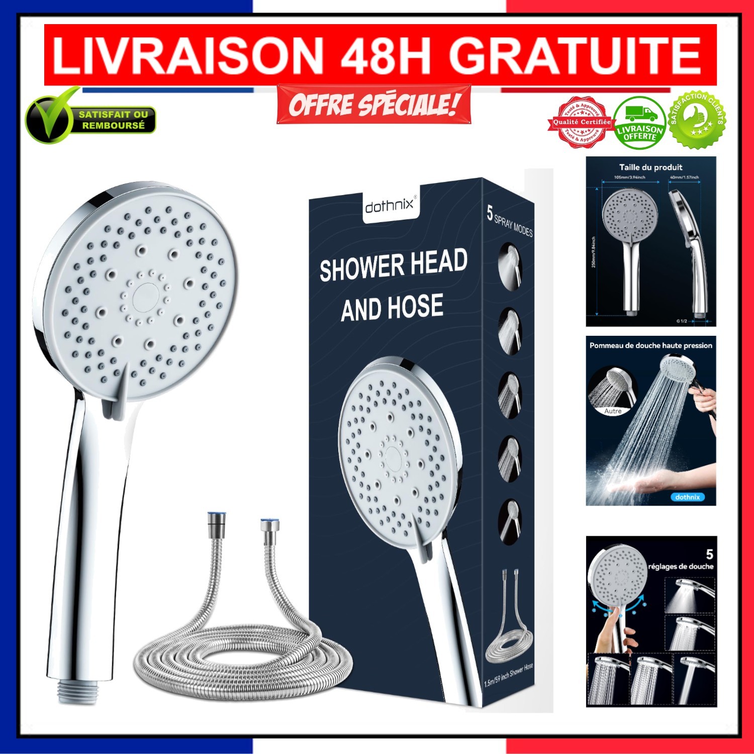 Tête de douche haute pression 5 jets massants avec flexible en acier de 1,5m