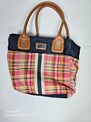 Tommy Hilfiger Plaid & Denim Tote Bag with Brown Handles   Pre-Owned