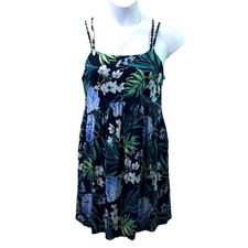 Old Navy Womens Dress Black Blue Tropical Floral BabyDoll Inseam Pockets Sz L