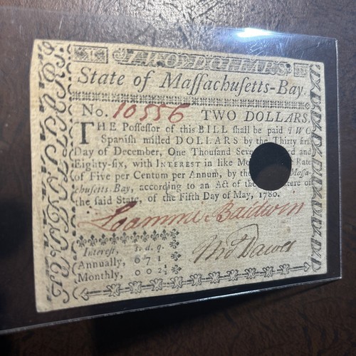 Massachusetts colonial currency Teo Dollars May 5 1780 Signed Holed Cancel - Picture 6 of 11