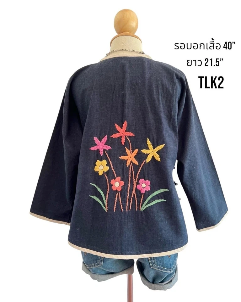 Mujer Tailandés Lue Azul Cáñamo Manga Larga Flores Patrón Bordado a Mano Talla 40" Foto 2 de 4