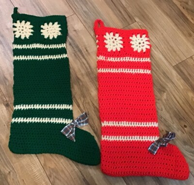 2 Large Vintage Mid Century Hand Crocheted Knit Christmas 24  Stocking Red Green