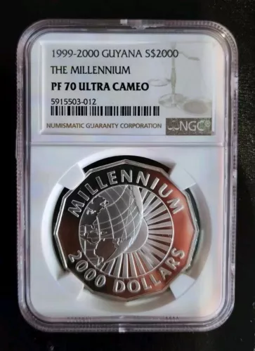ONLY 1 IN EXISTENCE! 1999 GUYANA SILVER 2000 DOLLARS MILLENNIUM NGC PF 70
