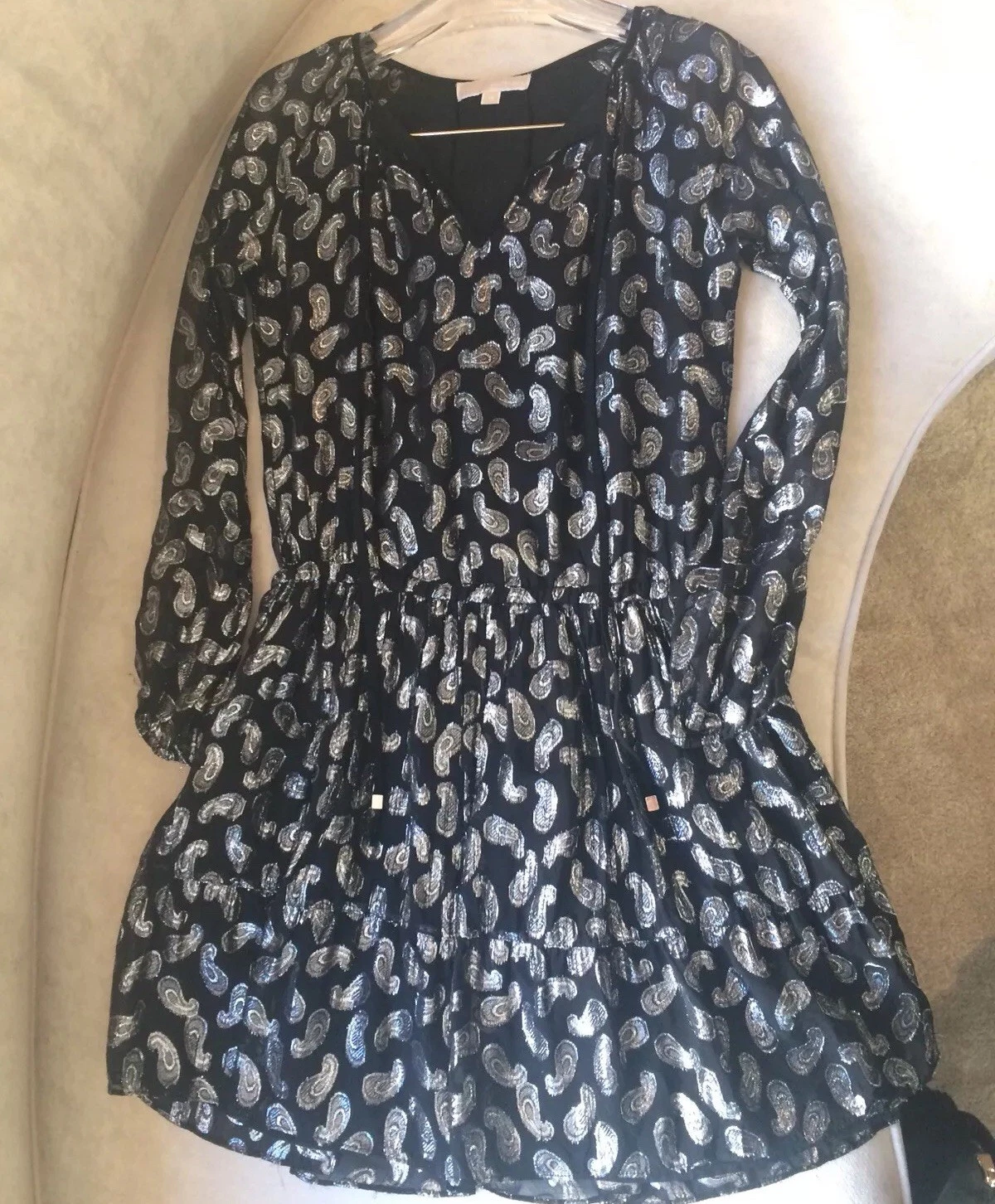 Abito Michael Kors manica lunga paisley metallizzato jacquard nero MK taglia XS