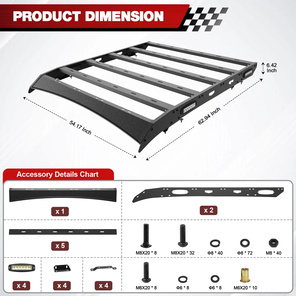 Off-Road Steel Roof Rack Luggage Carrier W/LED Lights For 2009-2014 Ford F150 - Изображение 2 из 4