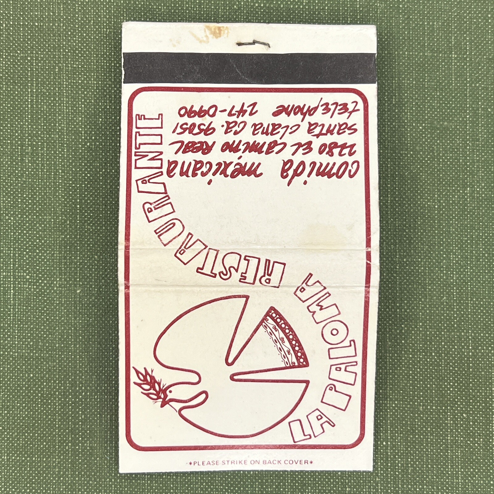 Vintage Matchbook La Paloma Restaurant Santa Clara California Matches Unstruck