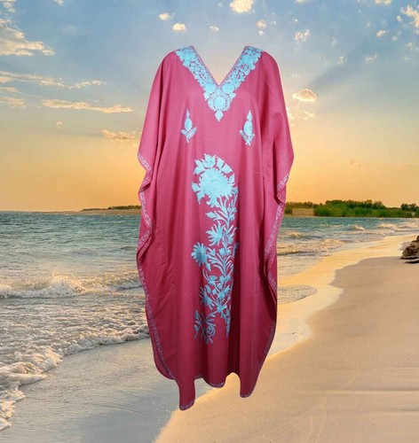 Damen Maxi Kaftan Kleid Boho Hauskleider Love Me rosa bestickt Kleid L-2XL