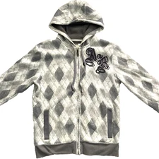 Vintage American Rag Grey Argyle Fleece Lined Hoodie Size M