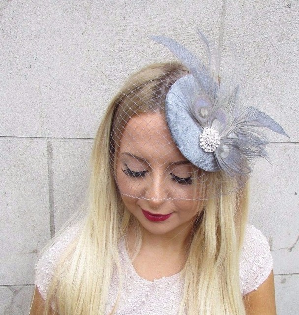 Grey Silver Birdcage Veil Feather Fascinator Hat Hair Clip Vintage