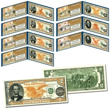 1882 Series Gold Certificates Complete Set of 7 on Modern U.S. Genuine $2 Bills