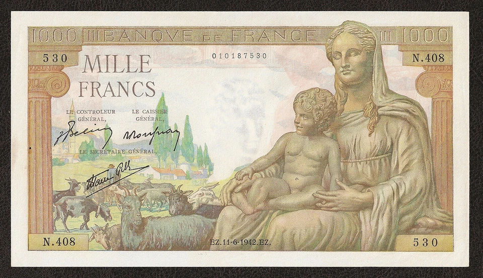FRANCE 1,000 1000 Francs 1942 P-102 AUNC Almost Uncirculated w/H - Image 2 of 3