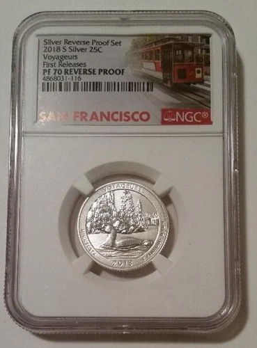 2018 S Silver Voyageurs NP Quarter Reverse Proof PF70 NGC FR Trolley Label