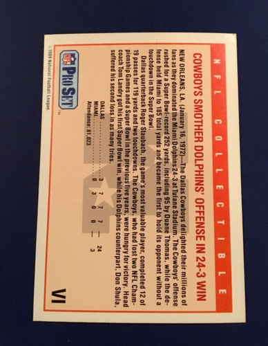 1989 Pro Set # 6 DALLAS COWBOYS 24 CHAMPS MIAMI DOLPHINS 3 Super Bowl VI 1972 - Picture 2 of 2