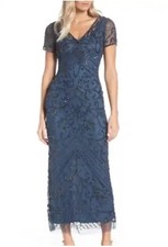 Pisarro Nights Women's Beaded Mesh Column Gown Coastal Blue Size 2 Formal