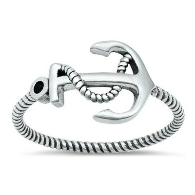 Anchor Ring Genuine Solid Sterling Silver 925 Oxidized Face Height 10 mm Size 5