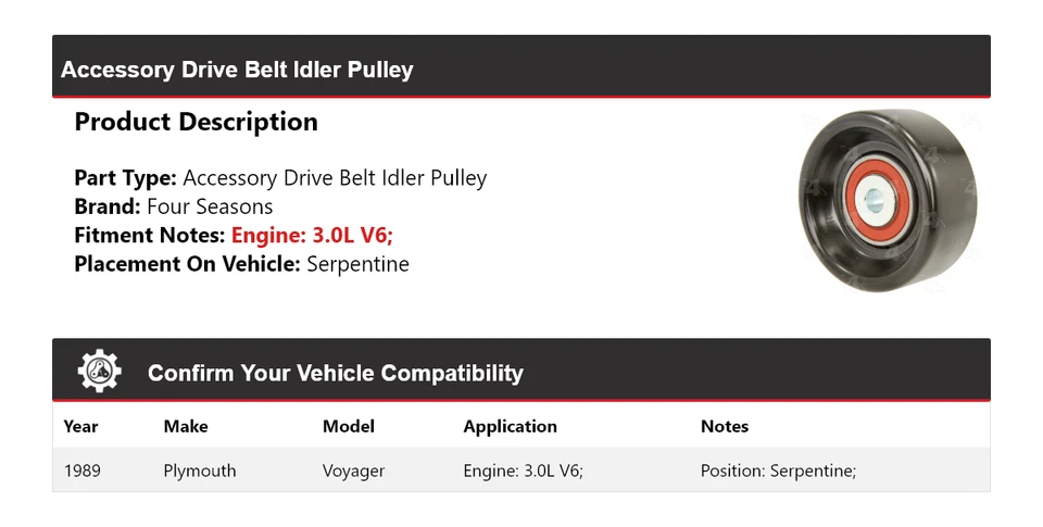 For 1989 Plymouth Voyager Accessory Drive Belt Idler Pulley 4 Seasons - Image 2 of 4