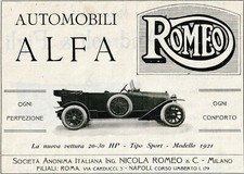 ADVERTISEMENT 1920 ALFA ROMEO CAR 20_30 HP SPORT TYPE CAR MODELS