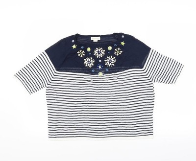 Monsoon Damen blau gestreifter Pullover Pulli Größe 8 - Blumen Perlen Detail
