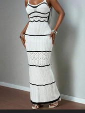 SHEIN White Maxi Knit Dress with Black Stripes and Scalloped Hem