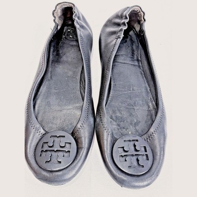 Tory Burch Black Leather Ballet Flats Reva Style Elastic Heel Classic Designer 8