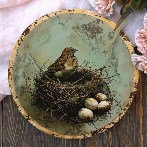 Tin Metal Signs Vintage Bird'S Nest & Eggs Round Sign - UV & Scratch Resist